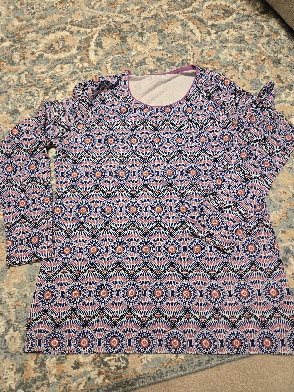 Kim Rogers Women’s Long-Sleeve Medallion Print Tee in Pink & Blue Size XL